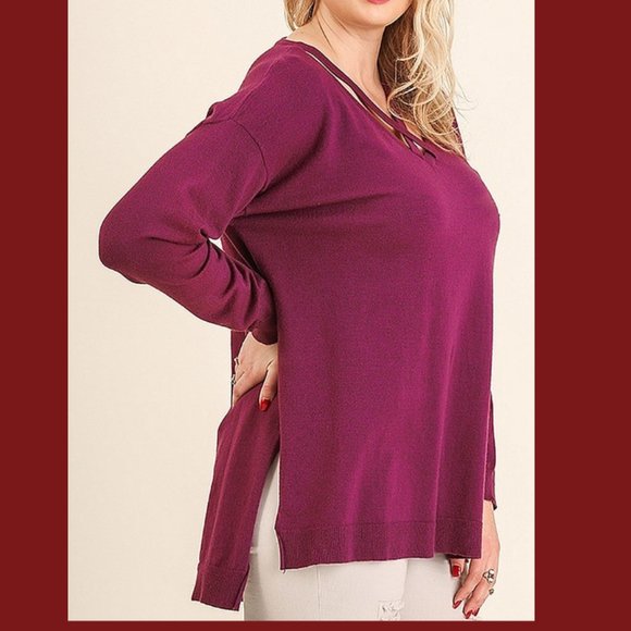 New UMGEE XL 1XL Burgundy Wine High Low hem Crossed V Neck Pullover Sweater - Picture 3 of 6